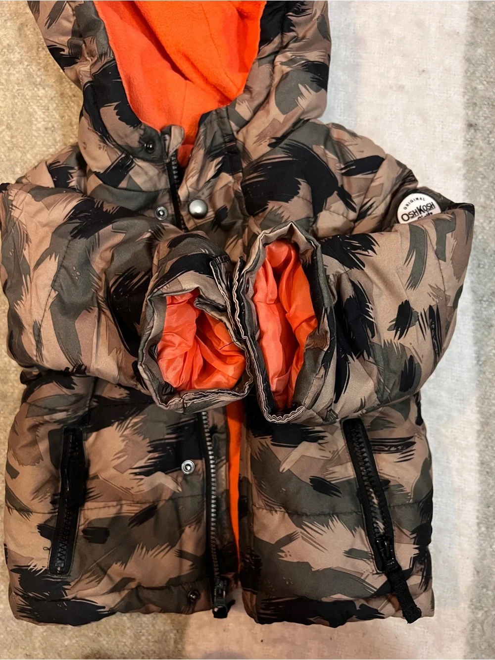 OshKosh B'gosh Camo Puffer Jacket with Bright Orange Fleece Lining